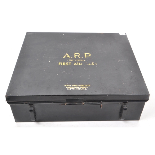203 - A. R. P. First Aid Point - First aid case. Vintage 20th century black metal first aid box. Hinged li... 