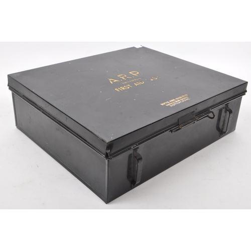203 - A. R. P. First Aid Point - First aid case. Vintage 20th century black metal first aid box. Hinged li... 