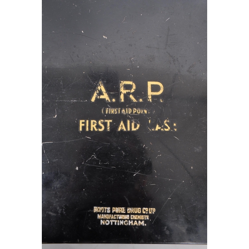 203 - A. R. P. First Aid Point - First aid case. Vintage 20th century black metal first aid box. Hinged li... 