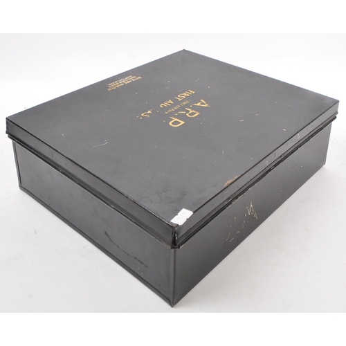 203 - A. R. P. First Aid Point - First aid case. Vintage 20th century black metal first aid box. Hinged li... 