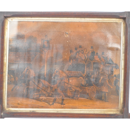 236 - An early 20th Century print depicting a carriage scene with horses and people standing and sitting o... 