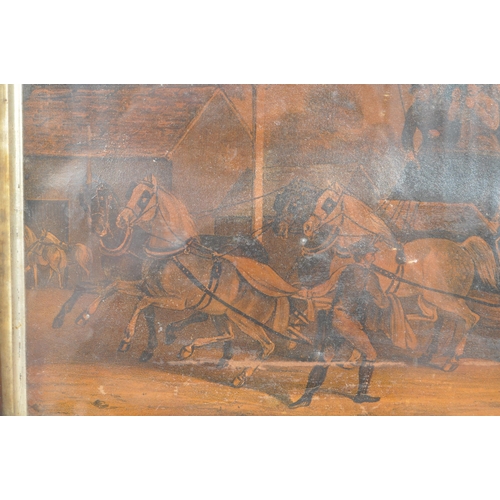 236 - An early 20th Century print depicting a carriage scene with horses and people standing and sitting o... 