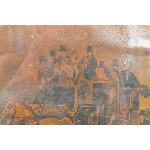 236 - An early 20th Century print depicting a carriage scene with horses and people standing and sitting o... 