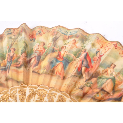 242 - A 19th century French Rococo style bone handled folding hand fan. The fan featuring gilt painted det... 