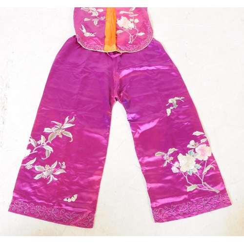256 - Mid Century Chinese silk clothing items having intricate foliate embroidery of peonies and butterfli... 