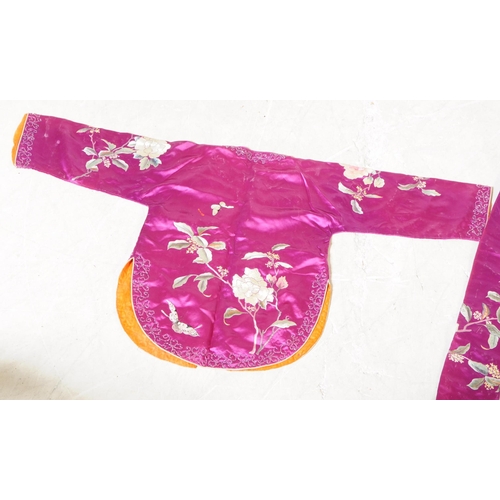 256 - Mid Century Chinese silk clothing items having intricate foliate embroidery of peonies and butterfli... 