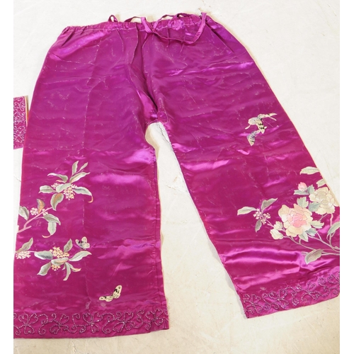 256 - Mid Century Chinese silk clothing items having intricate foliate embroidery of peonies and butterfli... 