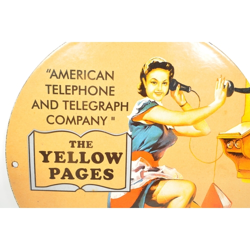263 - An enamel sign of circular form, picturing a woman sat on a stall holding a phone with the slogan 