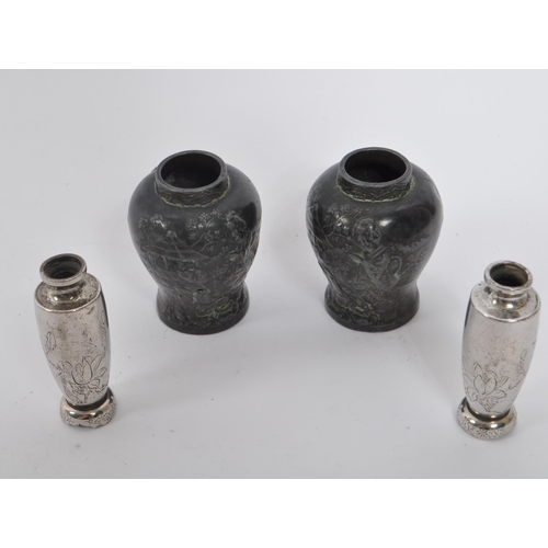 279 - Two 19th century Japanese bronze miniature vases, alongside two later pewter examples. The bronze va... 