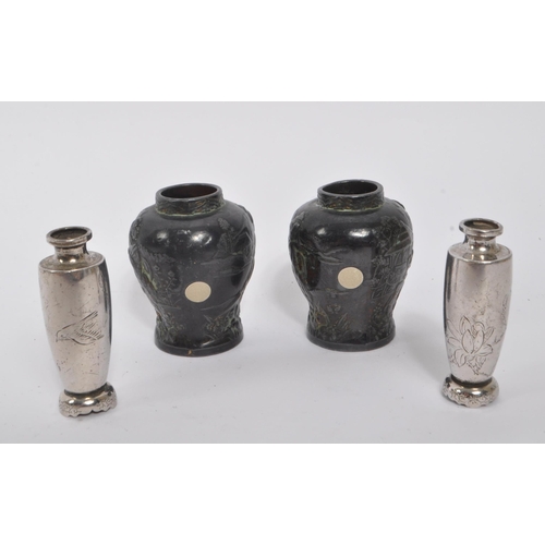 279 - Two 19th century Japanese bronze miniature vases, alongside two later pewter examples. The bronze va... 