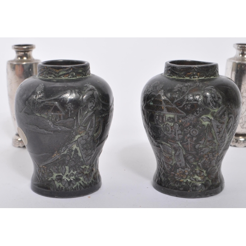 279 - Two 19th century Japanese bronze miniature vases, alongside two later pewter examples. The bronze va... 