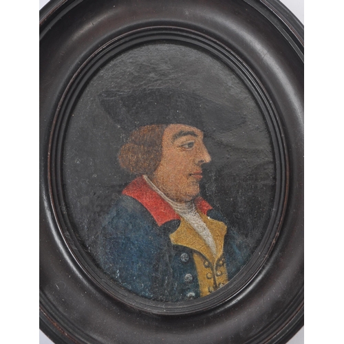 286 - A 19th century miniature portrait painting. The painting in oval mahogany frame, depicting a man in ... 
