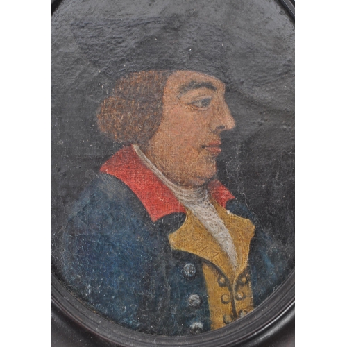 286 - A 19th century miniature portrait painting. The painting in oval mahogany frame, depicting a man in ... 