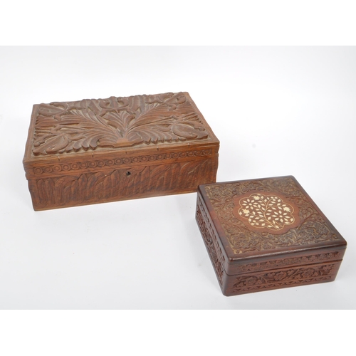 294 - Two 20th Century Chinese wooden jewellery / sewing boxes, one of rectangular form with carved relief... 