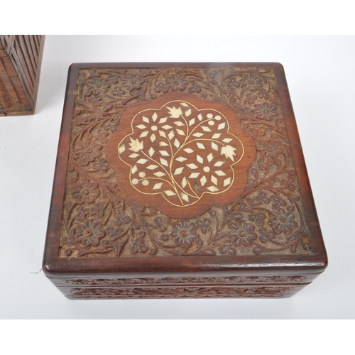 294 - Two 20th Century Chinese wooden jewellery / sewing boxes, one of rectangular form with carved relief... 