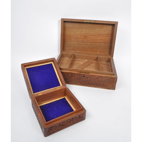 294 - Two 20th Century Chinese wooden jewellery / sewing boxes, one of rectangular form with carved relief... 