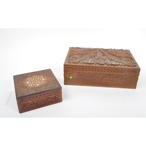 294 - Two 20th Century Chinese wooden jewellery / sewing boxes, one of rectangular form with carved relief... 