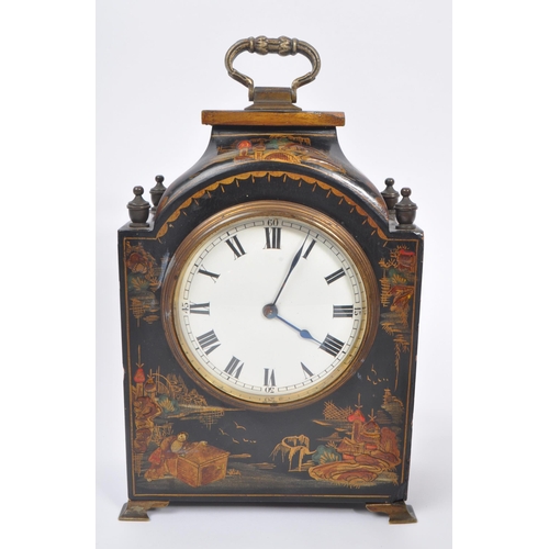 299 - Two early 20th century lacquered chinoiserie mantel clocks. One clock having black lacquered body wi... 