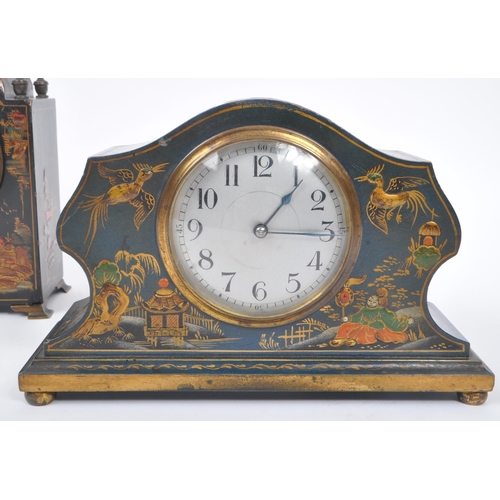 299 - Two early 20th century lacquered chinoiserie mantel clocks. One clock having black lacquered body wi... 