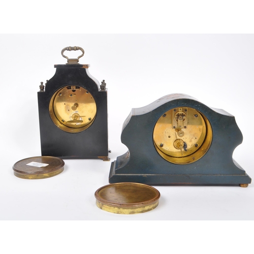 299 - Two early 20th century lacquered chinoiserie mantel clocks. One clock having black lacquered body wi... 