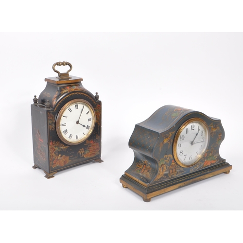 299 - Two early 20th century lacquered chinoiserie mantel clocks. One clock having black lacquered body wi... 