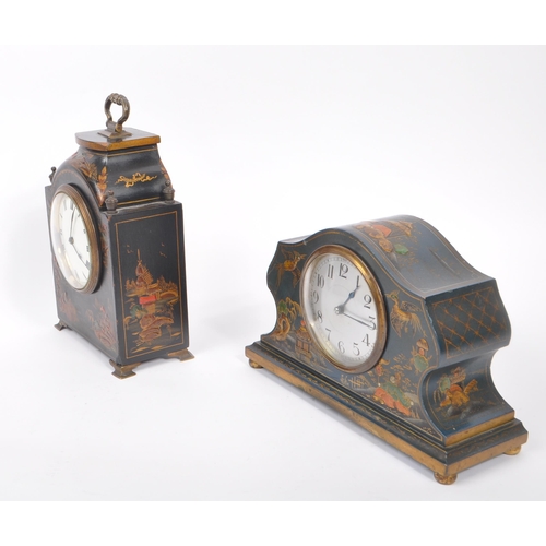 299 - Two early 20th century lacquered chinoiserie mantel clocks. One clock having black lacquered body wi... 