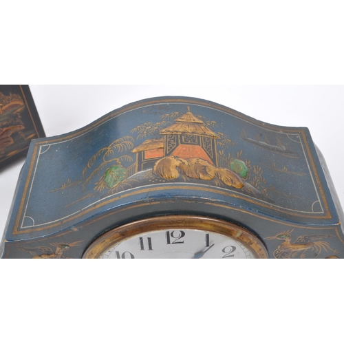 299 - Two early 20th century lacquered chinoiserie mantel clocks. One clock having black lacquered body wi... 