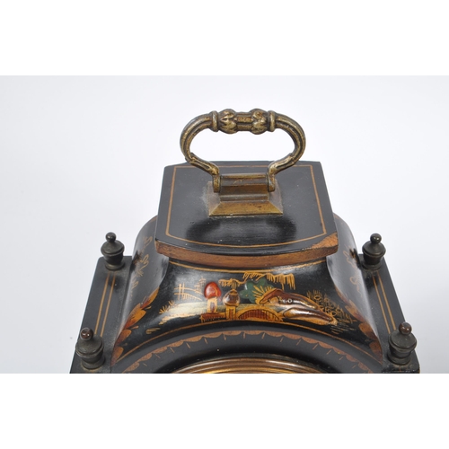 299 - Two early 20th century lacquered chinoiserie mantel clocks. One clock having black lacquered body wi... 