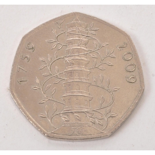 431 - United Kingdom - A 2009 Elizabeth II Kew Gardens 50p fifty pence coin. Rev. pagoda encircled by vine... 