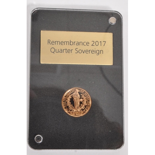 479 - A 2017 Gibraltar issued Gold Remembrance Quarter Sovereign coin. The coin in slab. With original pac... 