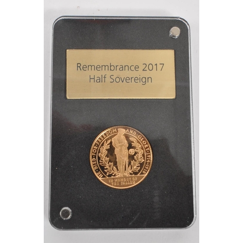 480 - A 2017 Gibraltar issued Gold Remembrance Half Sovereign coin. The coin in slab. With original packag... 