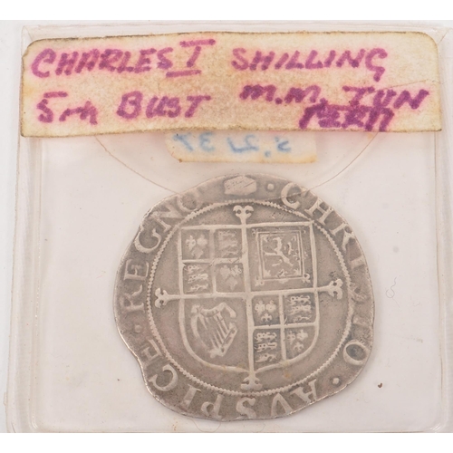 495 - A 17th century 1636-39 King Charles I silver shilling, alongside a King James II 1687 Fourpence coin... 