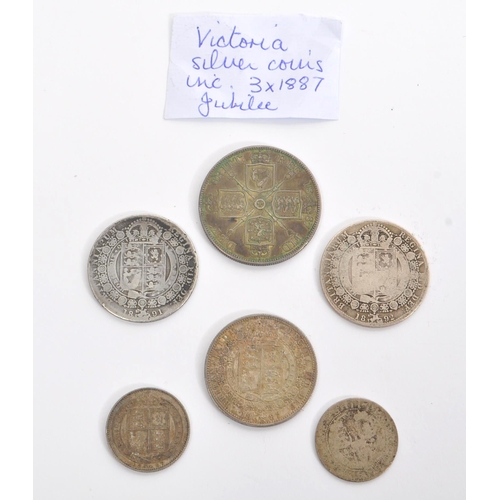 543 - A collection of 19th century Victorian 925 silver coins to include a 1887 Jubilee double florin, thr... 