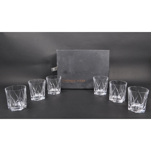 7 - Thomas Webb - A box of lead cut crystal glass whisky tumblers. A set of six with swirl design glasse... 