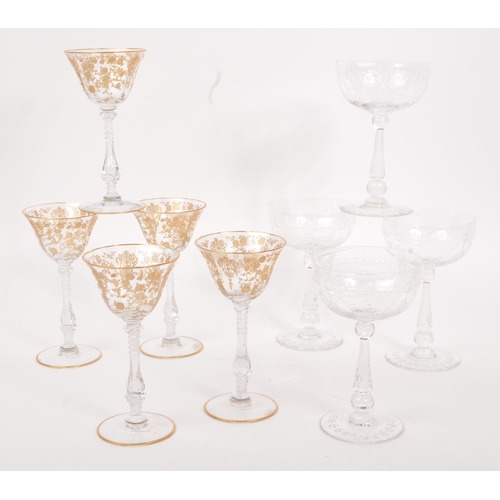 70 - A collection of 20th Century drinking glasses comprising of five ornate gilt foliate liquor glasses ... 