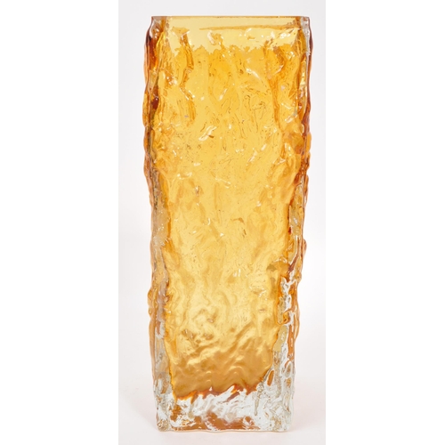 96 - Whitefriars Manner - A vintage 20th century studio art glass vase. Square bark texture in an amber /... 