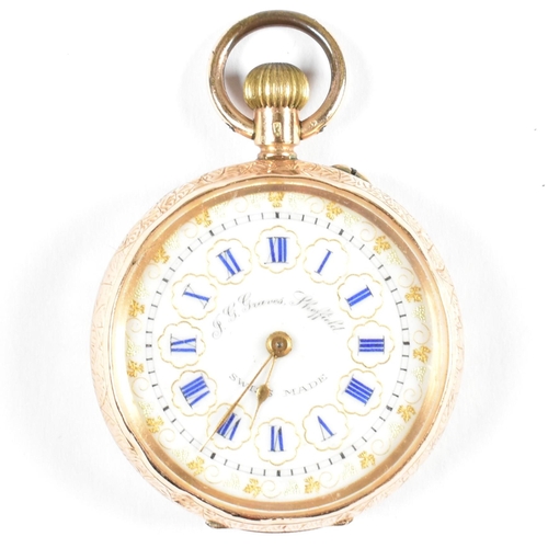 105 - A 14ct gold J.G.Graves engraved fob watch. The 14ct gold J.G.Graves fob watch having blue enamel Rom... 