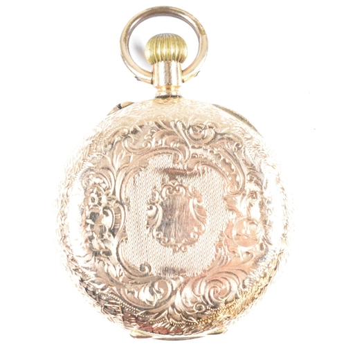 105 - A 14ct gold J.G.Graves engraved fob watch. The 14ct gold J.G.Graves fob watch having blue enamel Rom... 