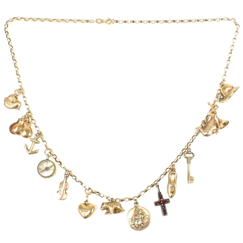 109 - A hallmarked 9ct gold charm necklace. The hallmarked 9ct gold belcher chain necklace strung with fou... 