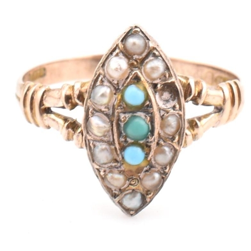 114 - An early 20th century 9ct gold and seed pearl navette ring. The Edwardian 9ct gold navette ring set ... 