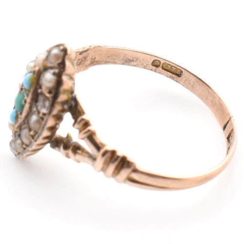 114 - An early 20th century 9ct gold and seed pearl navette ring. The Edwardian 9ct gold navette ring set ... 