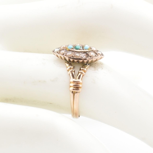 114 - An early 20th century 9ct gold and seed pearl navette ring. The Edwardian 9ct gold navette ring set ... 