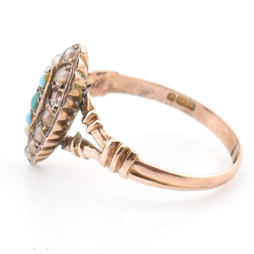 114 - An early 20th century 9ct gold and seed pearl navette ring. The Edwardian 9ct gold navette ring set ... 