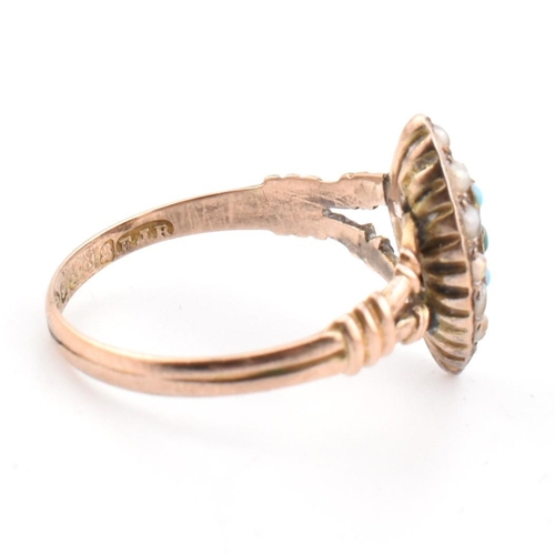 114 - An early 20th century 9ct gold and seed pearl navette ring. The Edwardian 9ct gold navette ring set ... 