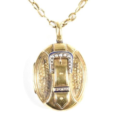 131 - An 19th century gold and seed pearl buckle locket pendant necklace. The 9ct yellow gold cable chain ... 