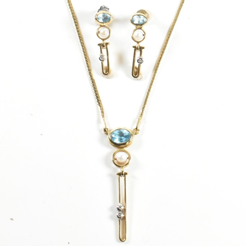 355 - A 14ct gold, topaz, diamond and cultured pearl pendant necklace and earring suite. The 14ct gold nec... 