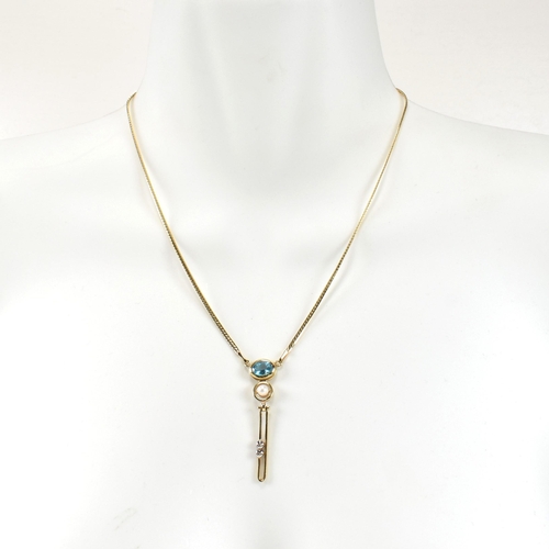 355 - A 14ct gold, topaz, diamond and cultured pearl pendant necklace and earring suite. The 14ct gold nec... 