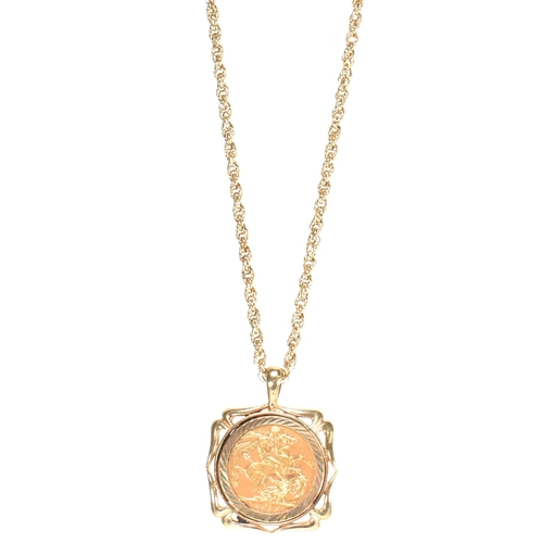 45 - A mounted full 1888 sovereign coin pendant necklace. The hallmarked 9ct gold twisted fancy link chai... 