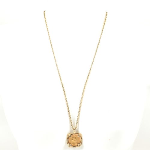 45 - A mounted full 1888 sovereign coin pendant necklace. The hallmarked 9ct gold twisted fancy link chai... 