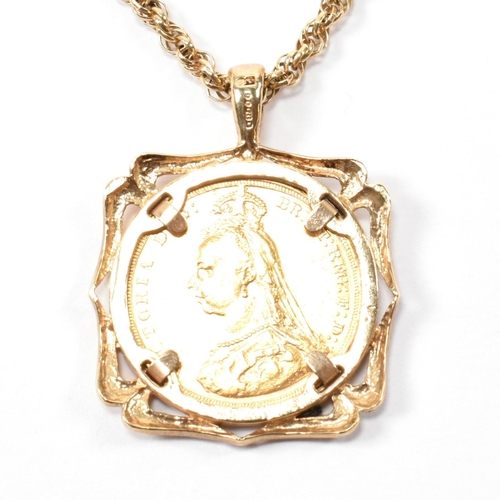 45 - A mounted full 1888 sovereign coin pendant necklace. The hallmarked 9ct gold twisted fancy link chai... 